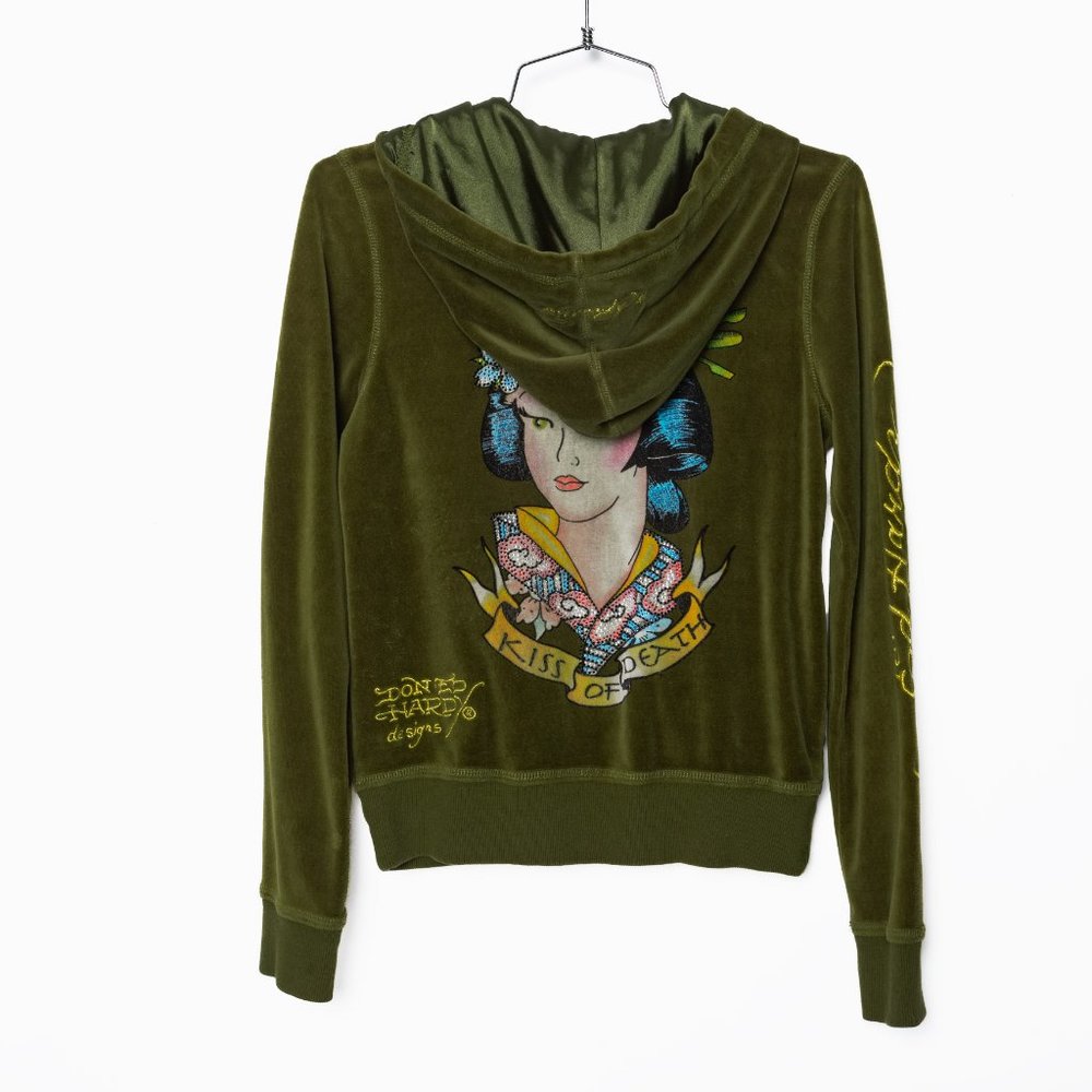SOLD - Vintage Early 2000s Ed Hardy Green Velour Geisha Tracksuit - Size XS - Picture 5 of 16